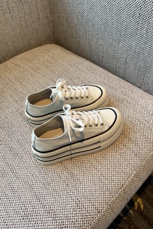 White Lace-Up Genuine Leather Sneakers for Women - Versatile Round Toe Thick Sole Casual Shoes for Spring 2025 Style