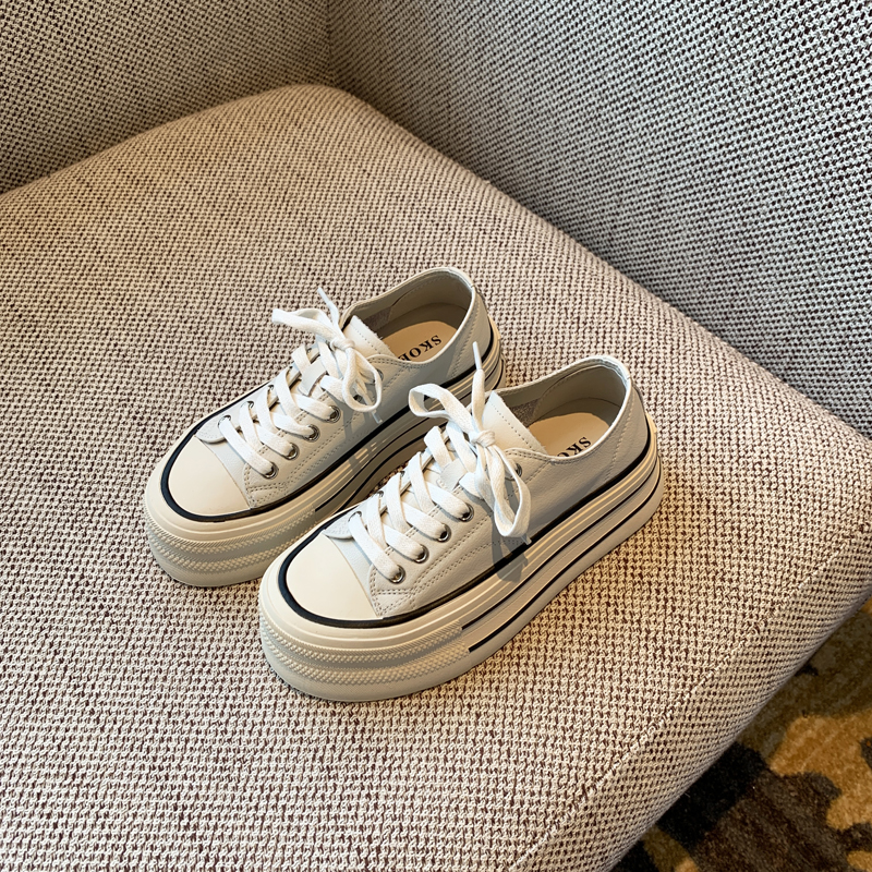 White Lace-Up Genuine Leather Sneakers for Women - Versatile Round Toe Thick Sole Casual Shoes for Spring 2025 Style White Lace-Up Genuine Leather Sneakers for Women - Versatile Round Toe Thick Sole Casual Shoes for Spring 2025 Style