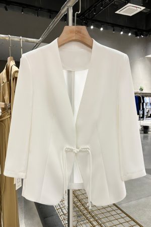 White Lightweight Elegant Blazer - Women's Chinese Street Style Suit Jacket for Summer 2025 Fashion