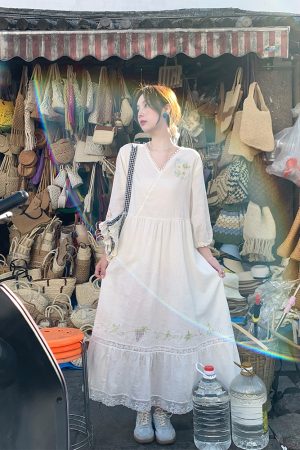 White Linen Long Sleeve Maxi Dress for Women - Fairy Grass Flowing Light, Loose Fit, French Style Summer V-Neck Dress