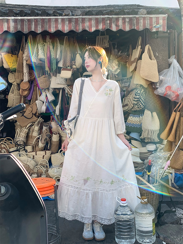 White Linen Long Sleeve Maxi Dress for Women - Fairy Grass Flowing Light, Loose Fit, French Style Summer V-Neck Dress White Linen Long Sleeve Maxi Dress for Women - Fairy Grass Flowing Light, Loose Fit, French Style Summer V-Neck Dress