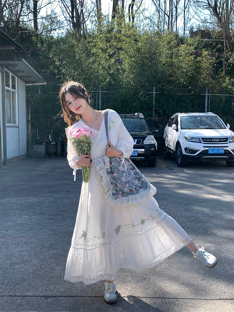 White Linen Long Sleeve Maxi Dress for Women - Fairy Grass Flowing Light, Loose Fit, French Style Summer V-Neck Dress White Linen Long Sleeve Maxi Dress for Women - Fairy Grass Flowing Light, Loose Fit, French Style Summer V-Neck Dress