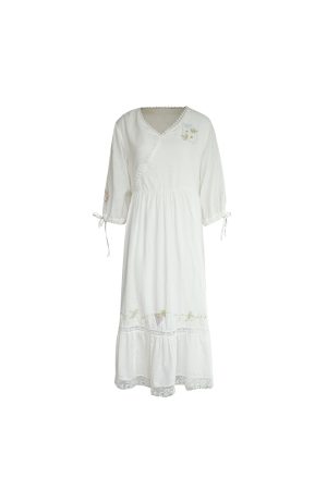 White Linen Long Sleeve Maxi Dress for Women - Fairy Grass Flowing Light, Loose Fit, French Style Summer V-Neck Dress