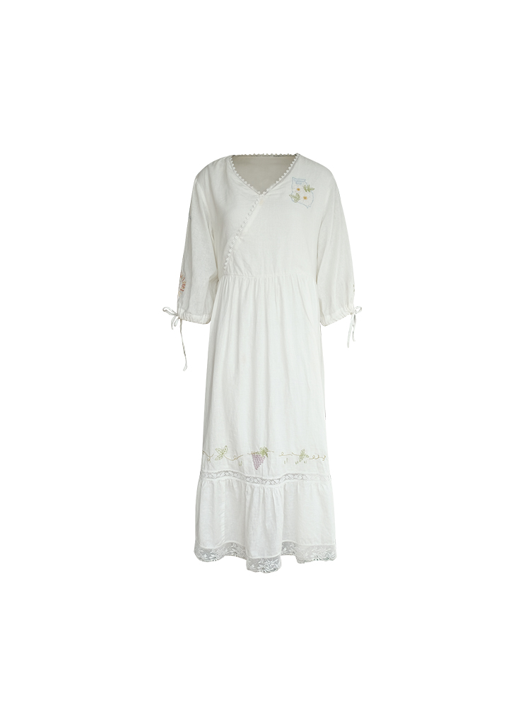 White Linen Long Sleeve Maxi Dress for Women - Fairy Grass Flowing Light, Loose Fit, French Style Summer V-Neck Dress White Linen Long Sleeve Maxi Dress for Women - Fairy Grass Flowing Light, Loose Fit, French Style Summer V-Neck Dress