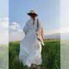 White Linen Long Sleeve Maxi Dress for Women - Fairy Grass Flowing Light, Loose Fit, French Style Summer V-Neck Dress