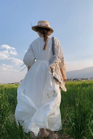 White Linen Long Sleeve Maxi Dress for Women - Fairy Grass Flowing Light, Loose Fit, French Style Summer V-Neck Dress