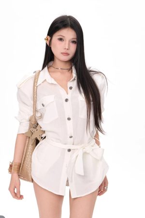 White Linen Lyocell Shirt with Shoulder Pads, Multiple Pockets, Metal Buttons - 2025 Women's Fashion, Chic Elevated Style