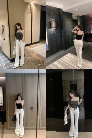 White Low Waist Slim Fit Floor-Length Flared Work Pants for Women - Chic Professional Style