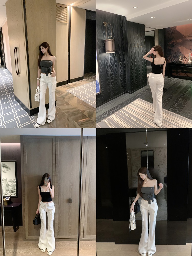 White Low Waist Slim Fit Floor-Length Flared Work Pants for Women - Chic Professional Style White Low Waist Slim Fit Floor-Length Flared Work Pants for Women - Chic Professional Style