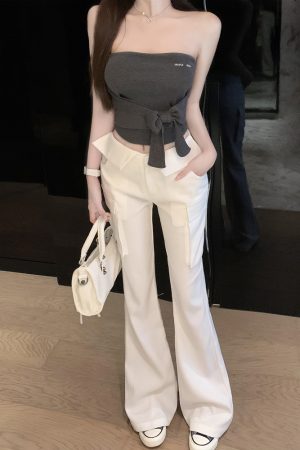 White Low Waist Slim Fit Floor-Length Flared Work Pants for Women - Chic Professional Style