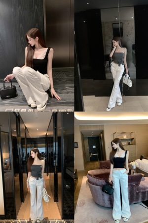 White Low Waist Slim Fit Floor-Length Flared Work Pants for Women - Chic Professional Style