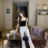 White Low Waist Slim Fit Floor-Length Flared Work Pants for Women - Chic Professional Style