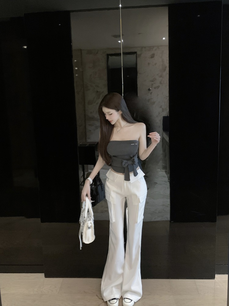 White Low Waist Slim Fit Floor-Length Flared Work Pants for Women - Chic Professional Style White Low Waist Slim Fit Floor-Length Flared Work Pants for Women - Chic Professional Style