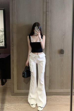 White Low Waist Slim Fit Floor-Length Flared Work Pants for Women - Chic Professional Style