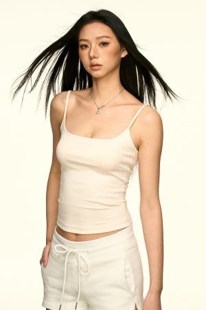 White Minimalist Basic Camisole for Women - Summer Sleeveless Layering Top, Hot Girl Fashion, Essential Underwear Style