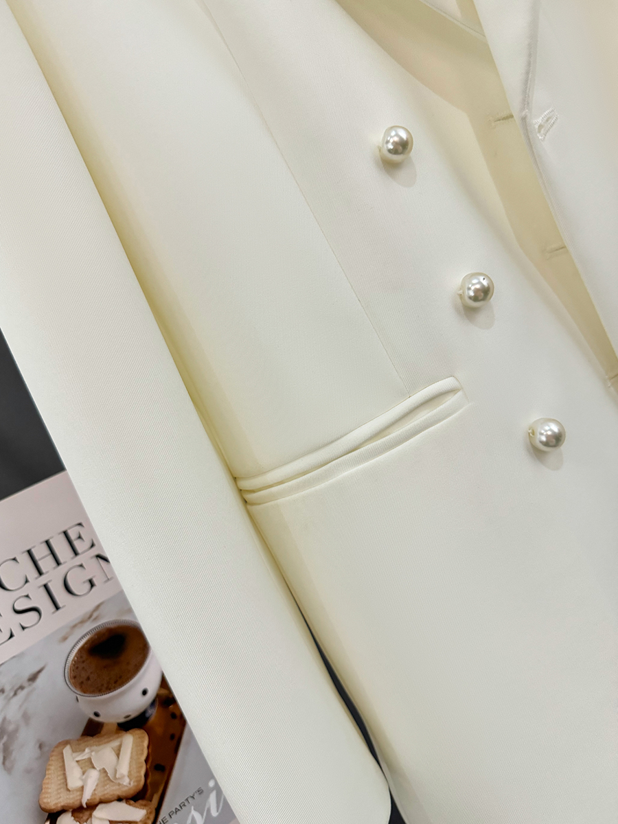 White Minimalist Pearl Button Double-Breasted Suit Jacket for Women - Exquisite Spring Autumn Blazer for Effortless Style White Minimalist Pearl Button Double-Breasted Suit Jacket for Women - Exquisite Spring Autumn Blazer for Effortless Style