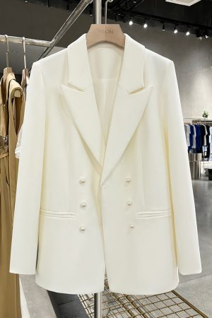 White Minimalist Pearl Button Double-Breasted Suit Jacket for Women - Exquisite Spring Autumn Blazer for Effortless Style