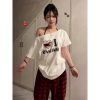 White Off-Shoulder Short Sleeve Women's T-Shirt - Summer Letter Print Casual Trendy Top for a Chic 90s Look