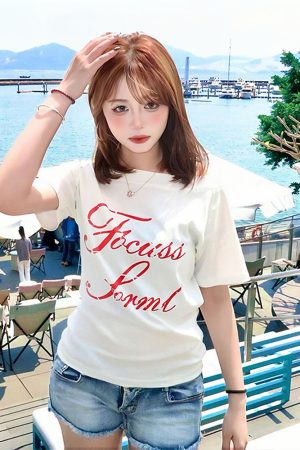 White Off-Shoulder T-Shirt for Women - Summer Letter Print, Slim Fit, Short Sleeve Cropped Top, Sexy Shoulder-Baring Style