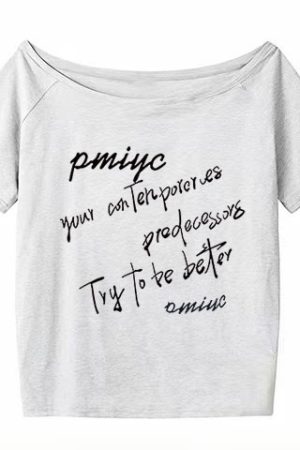 White Off-Shoulder T-Shirt for Women, Casual Summer Letter Print, Versatile Short Sleeves, College Style Hot Girl Top