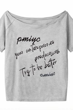 White Off-Shoulder T-Shirt for Women, Casual Summer Letter Print, Versatile Short Sleeves, College Style Hot Girl Top