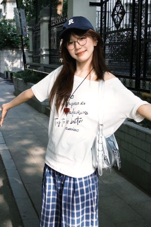 White Off-Shoulder T-Shirt for Women, Casual Summer Letter Print, Versatile Short Sleeves, College Style Hot Girl Top