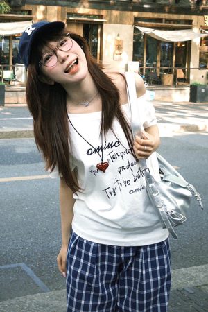 White Off-Shoulder T-Shirt for Women, Casual Summer Letter Print, Versatile Short Sleeves, College Style Hot Girl Top