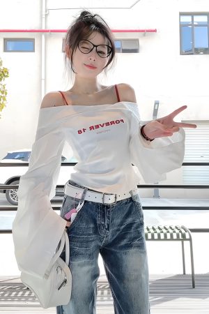 White One-Shoulder Long Sleeve Shirt for Women - Trendy Waist-Cinching Off-Shoulder Top for Spring & Autumn Fashion