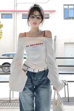 White One-Shoulder Long Sleeve Shirt for Women - Trendy Waist-Cinching Off-Shoulder Top for Spring & Autumn Fashion