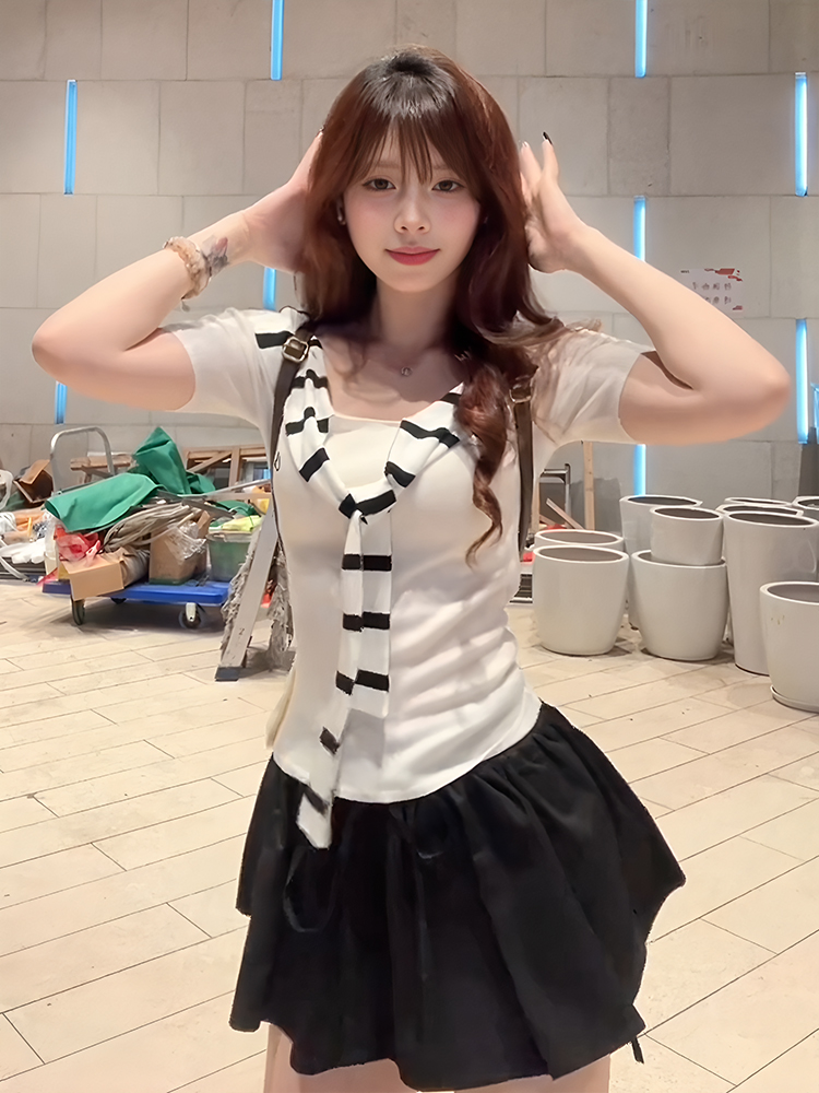 White One-Shoulder Short Sleeve Women's Summer Striped Fitted Slim Sexy Top with Sailor Collar for Y2K and Korean Style Fashion White One-Shoulder Short Sleeve Women's Summer Striped Fitted Slim Sexy Top with Sailor Collar for Y2K and Korean Style Fashion