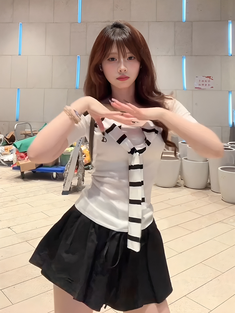 White One-Shoulder Short Sleeve Women's Summer Striped Fitted Slim Sexy Top with Sailor Collar for Y2K and Korean Style Fashion White One-Shoulder Short Sleeve Women's Summer Striped Fitted Slim Sexy Top with Sailor Collar for Y2K and Korean Style Fashion