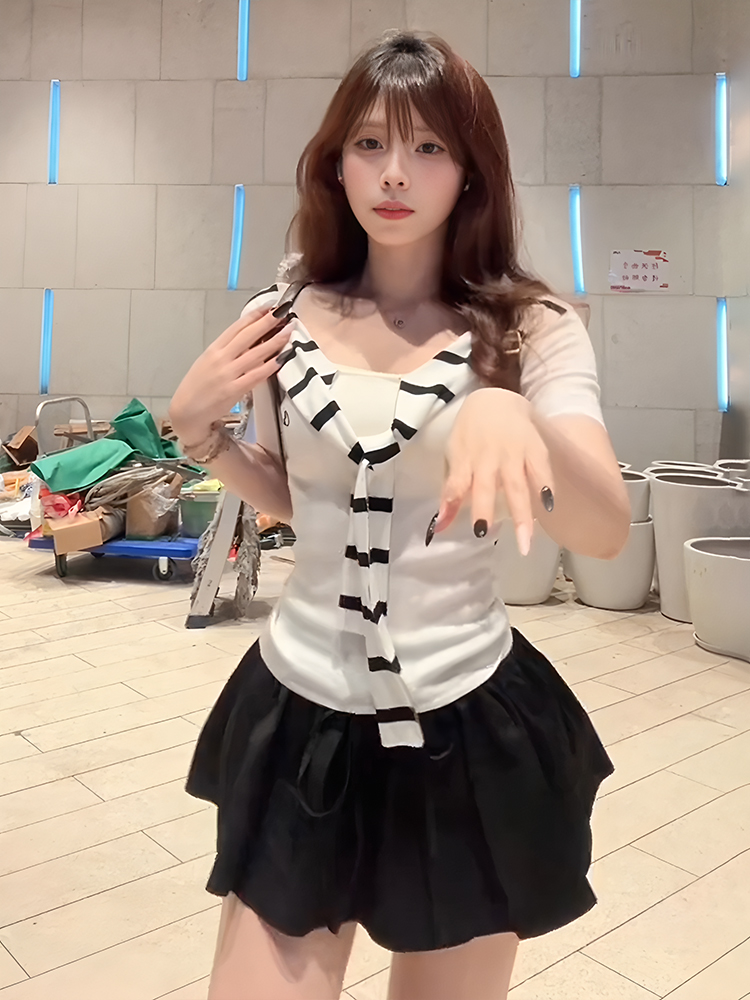 White One-Shoulder Short Sleeve Women's Summer Striped Fitted Slim Sexy Top with Sailor Collar for Y2K and Korean Style Fashion White One-Shoulder Short Sleeve Women's Summer Striped Fitted Slim Sexy Top with Sailor Collar for Y2K and Korean Style Fashion