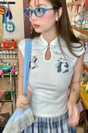 White Panda Print Short Sleeve T-Shirt for Women - Vintage Summer Slim Fit Buttoned Top, Y2K Style