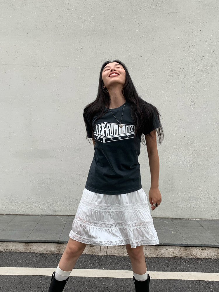 White Pearl Lace Silk Skirt & Vintage Ink Leak Printed Gray T-shirt Set - Hot Girl Aesthetic, Y2K Style, Dual Cultivation Look White Pearl Lace Silk Skirt & Vintage Ink Leak Printed Gray T-shirt Set - Hot Girl Aesthetic, Y2K Style, Dual Cultivation Look