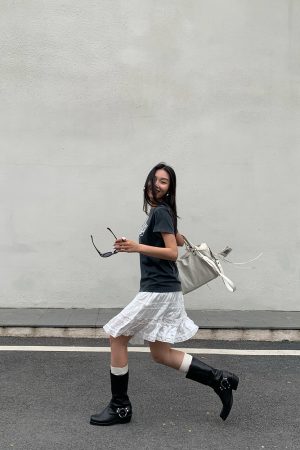 White Pearl Lace Silk Skirt & Vintage Ink Leak Printed Gray T-shirt Set - Hot Girl Aesthetic, Y2K Style, Dual Cultivation Look