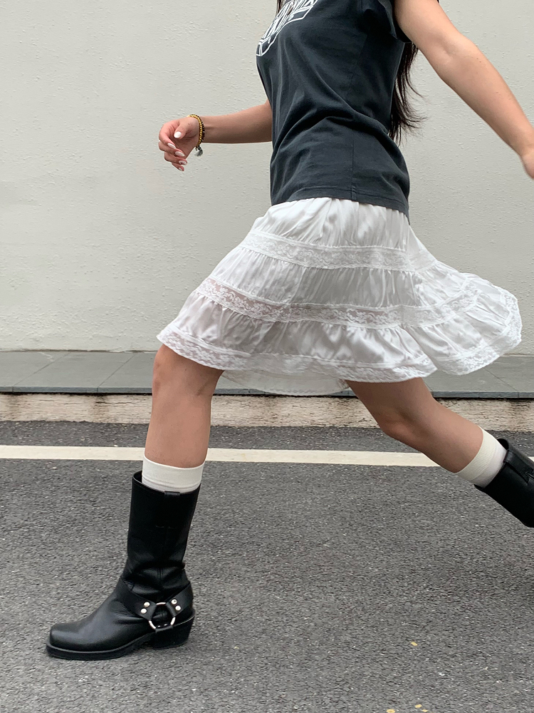 White Pearl Lace Silk Skirt & Vintage Ink Leak Printed Gray T-shirt Set - Hot Girl Aesthetic, Y2K Style, Dual Cultivation Look White Pearl Lace Silk Skirt & Vintage Ink Leak Printed Gray T-shirt Set - Hot Girl Aesthetic, Y2K Style, Dual Cultivation Look