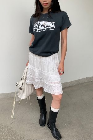 White Pearl Lace Silk Skirt & Vintage Ink Leak Printed Gray T-shirt Set - Hot Girl Aesthetic, Y2K Style, Dual Cultivation Look