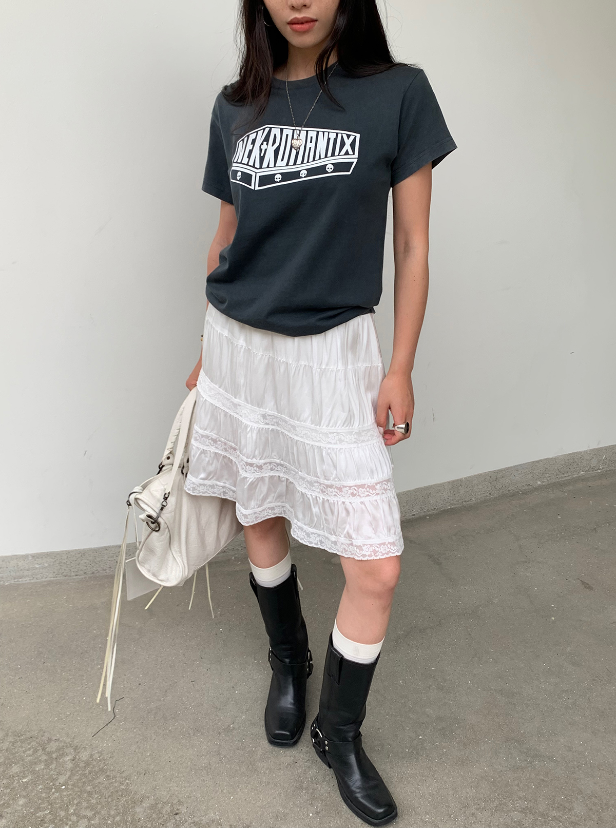 White Pearl Lace Silk Skirt & Vintage Ink Leak Printed Gray T-shirt Set - Hot Girl Aesthetic, Y2K Style, Dual Cultivation Look White Pearl Lace Silk Skirt & Vintage Ink Leak Printed Gray T-shirt Set - Hot Girl Aesthetic, Y2K Style, Dual Cultivation Look