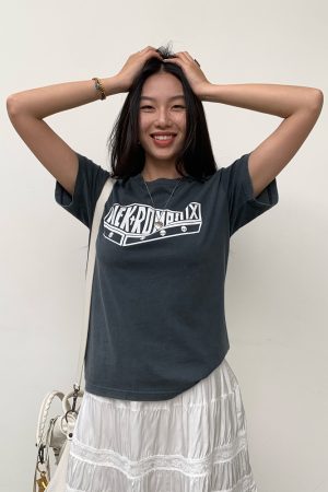 White Pearl Lace Silk Skirt & Vintage Ink Leak Printed Gray T-shirt Set - Hot Girl Aesthetic, Y2K Style, Dual Cultivation Look