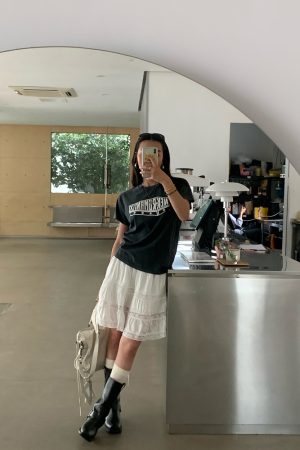 White Pearl Lace Silk Skirt & Vintage Ink Leak Printed Gray T-shirt Set - Hot Girl Aesthetic, Y2K Style, Dual Cultivation Look