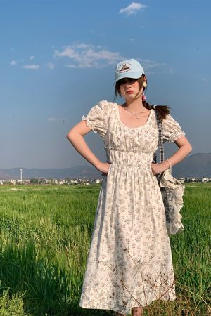 White Peony Lily Floral Dress - Women's Summer Loose Waist-Defined Long Dress in White - Vintage 90s Inspired Korean Style