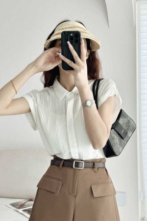White Pleated Short-Sleeve Shirt for Women - Loose Fit, Single-Breasted, Skin-Friendly, Slimming Summer Casual Top