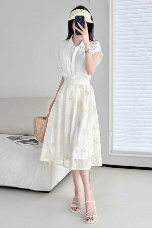 White Pleated Short-Sleeve Shirt for Women - Loose Fit, Single-Breasted, Skin-Friendly, Slimming Summer Casual Top