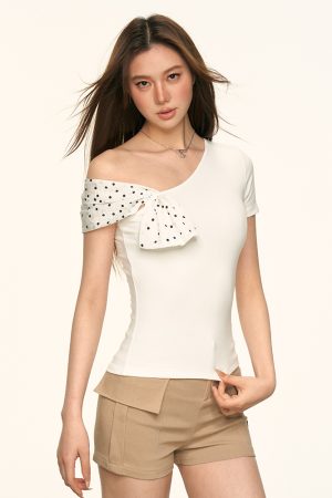 White Polka Dot Spliced Asymmetrical Shoulder T-Shirt for Women - Casual Off-Shoulder Short Sleeve Top, Summer Basic Style