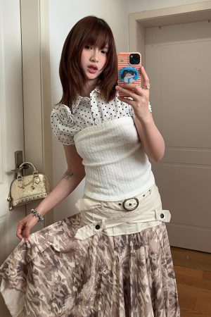 White Polka Dot Strapless Puff Sleeve Top for Women - Summer Spliced Faux Two-Piece Knitted Shirt with Unique Design