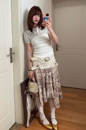 White Polka Dot Strapless Puff Sleeve Top for Women - Summer Spliced Faux Two-Piece Knitted Shirt with Unique Design