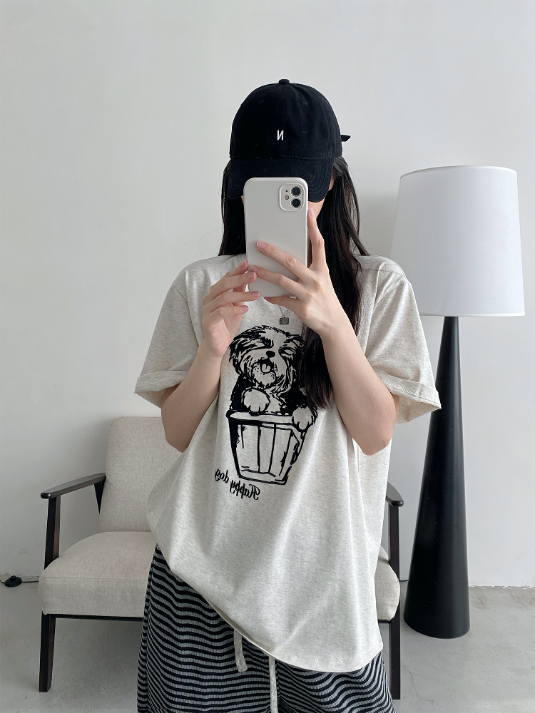 White Printed Short-Sleeve T-Shirt for Women - Loose Round Neck, Spring/Summer Cotton Top with Sun Grapefruit Design, Casual Style White Printed Short-Sleeve T-Shirt for Women - Loose Round Neck, Spring/Summer Cotton Top with Sun Grapefruit Design, Casual Style