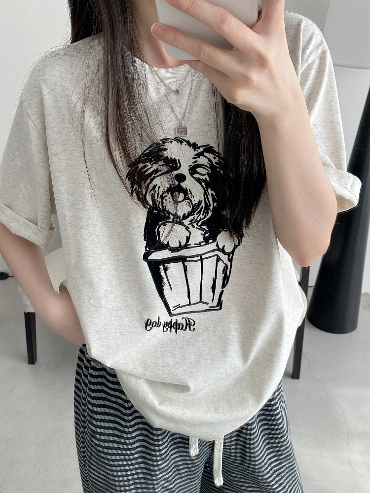 White Printed Short-Sleeve T-Shirt for Women - Loose Round Neck, Spring/Summer Cotton Top with Sun Grapefruit Design, Casual Style White Printed Short-Sleeve T-Shirt for Women - Loose Round Neck, Spring/Summer Cotton Top with Sun Grapefruit Design, Casual Style