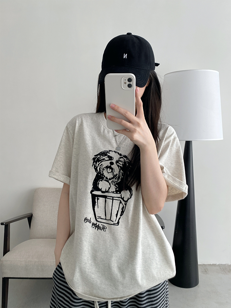 White Printed Short-Sleeve T-Shirt for Women - Loose Round Neck, Spring/Summer Cotton Top with Sun Grapefruit Design, Casual Style White Printed Short-Sleeve T-Shirt for Women - Loose Round Neck, Spring/Summer Cotton Top with Sun Grapefruit Design, Casual Style
