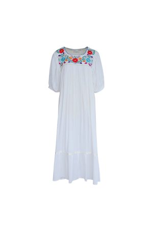 White Retro Embroidered Cotton-Linen Summer Dress for Women, Loose U-Neck Puff Sleeve, Vintage Style, Boho Fashion